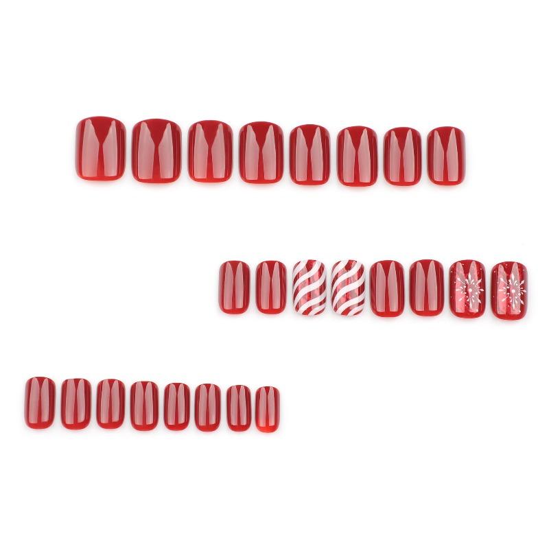24Pz Rosso Natale Strisce Caramella Fiocco di Neve Quadrati Corti Unghie Finte Unghie Finte Punte Regalo Per Donne