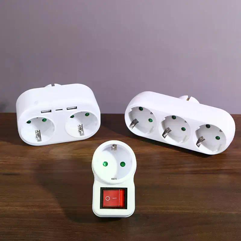 1 To 3 Plug EU Socket Adapter With Switch 16A Plug Adapter Travel Charging German Standard Power Converter For Portugal Turkey