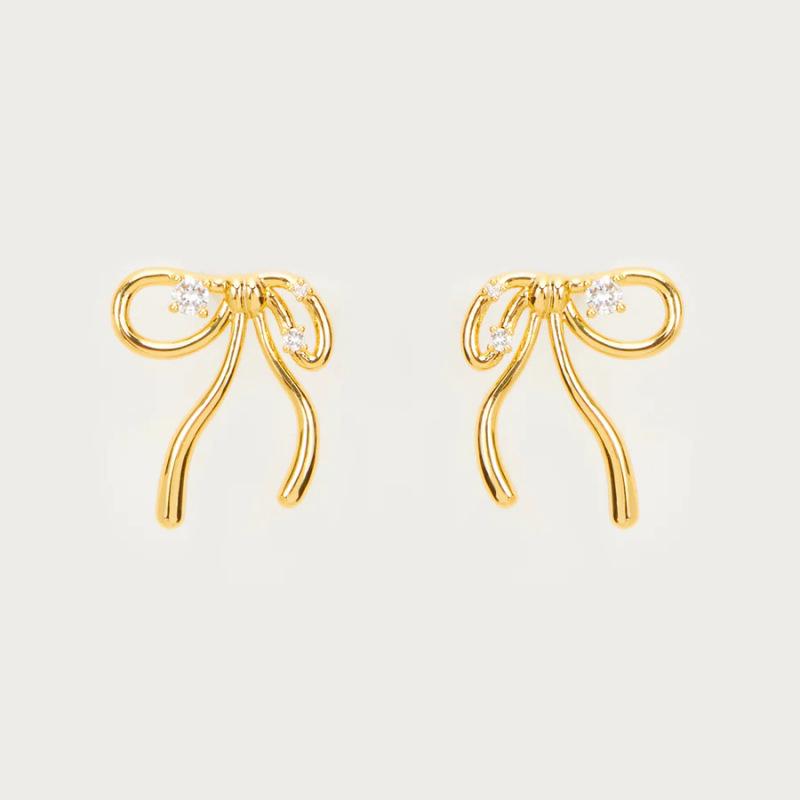 Spanish Zircon Bow Fairy Tale Earrings, Gold-Plated Copper, Retro Artistic Design