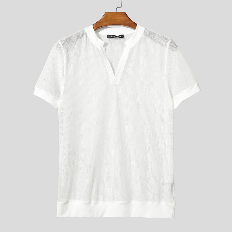INCERUN Men V Neck Short Sleeve Mesh See Through Hollow Summer T-shirts Tops 4XL