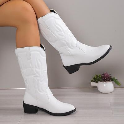 Shoes for Women  High Quality Winter Slip On Mid-Calf Women's Boots Solid Color Pointed Toe Mid Heel Zapatillas De Mujer