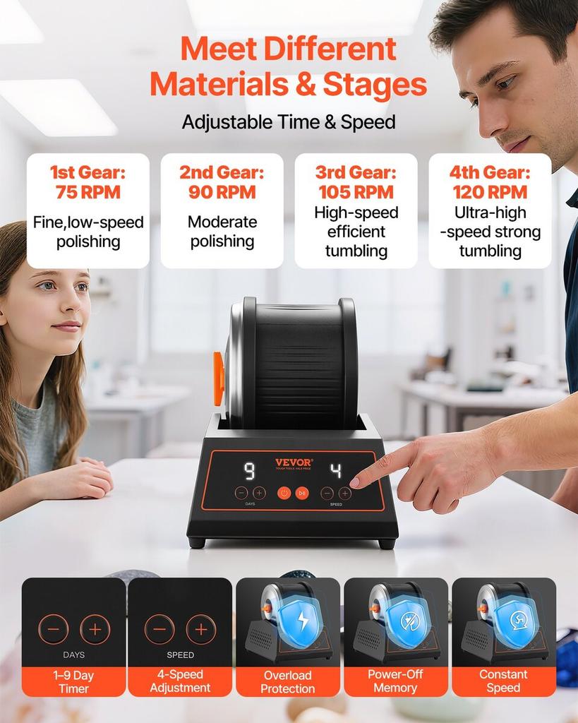Rock Tumbler Kit, Rock Polishing Kit, 4 Speed Settings 9-Day Polishing Timer Stone Polishing Kit, Belt-Free Rock Polisher with Adapter & Overload