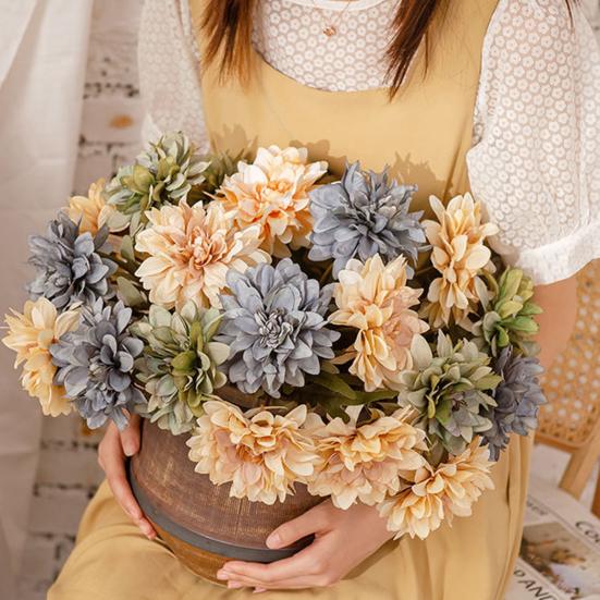 Artificial Flower Realistic Delicate Home Party Ornament Solid Color Fake Dahlias with Stem for Wedding Celebration