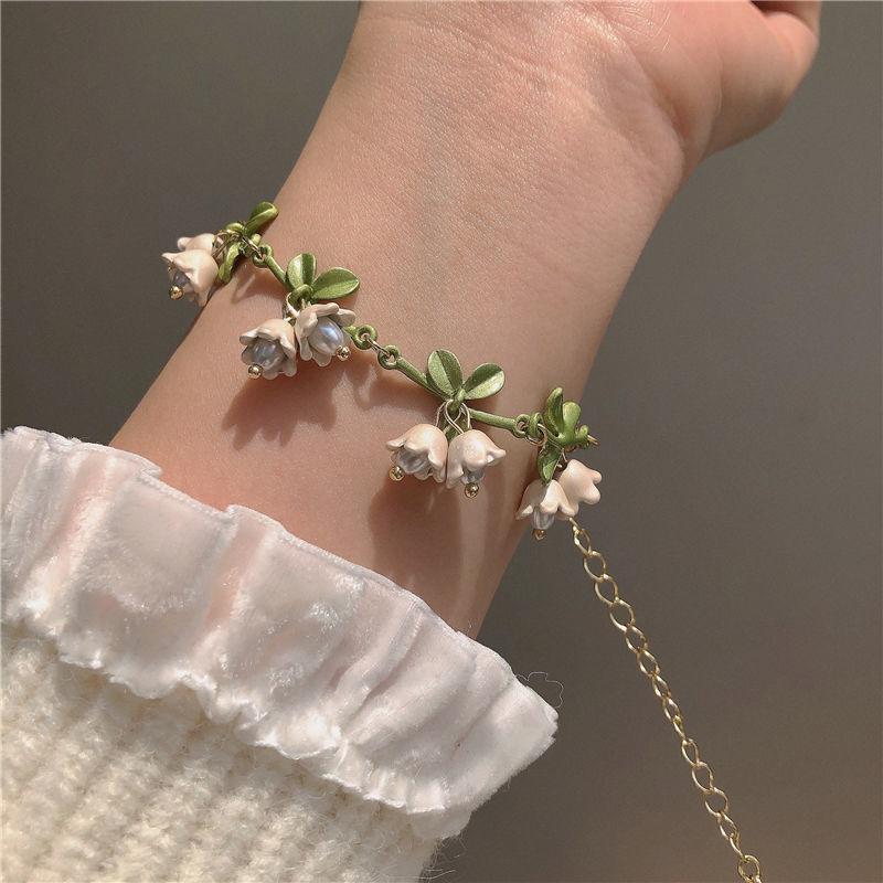 White Lily of the Valley Earrings + Bracelet + Necklace Super Immortal Mori Spring New Earrings Girl Clavicle Chain Ear Clips