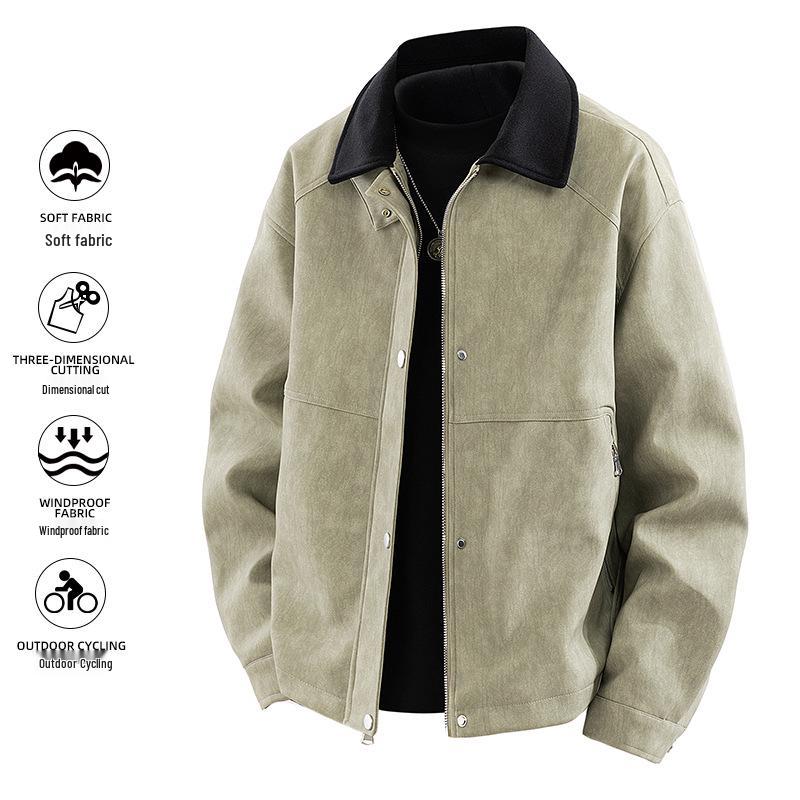 Di Yu Shen Long Men's Trendy Winter Loose Color Block Fleece-Lined Leather Jacket