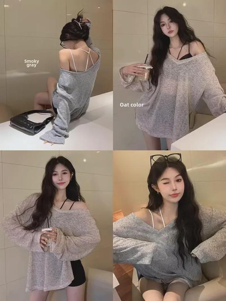 Blouse d'été à col en V et manches longues, protection solaire, style Hong Kong pour femme - Printemps/Été, fine, coupe ample