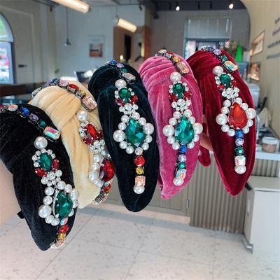 Crystal Velvet Headband Knotted Turban Headdress Colorful Rhinestone Statement Wide Hair Band Hoop Accessories for Women Girls