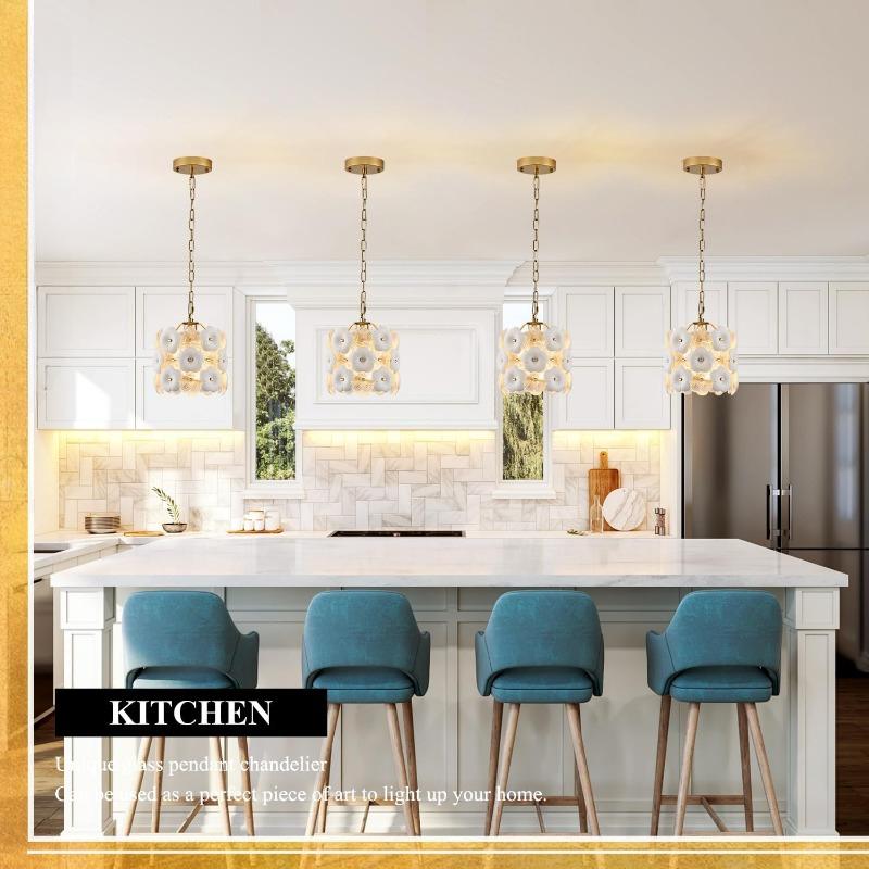 Gold Glass Pendant Light with White Ceramic Flowers
