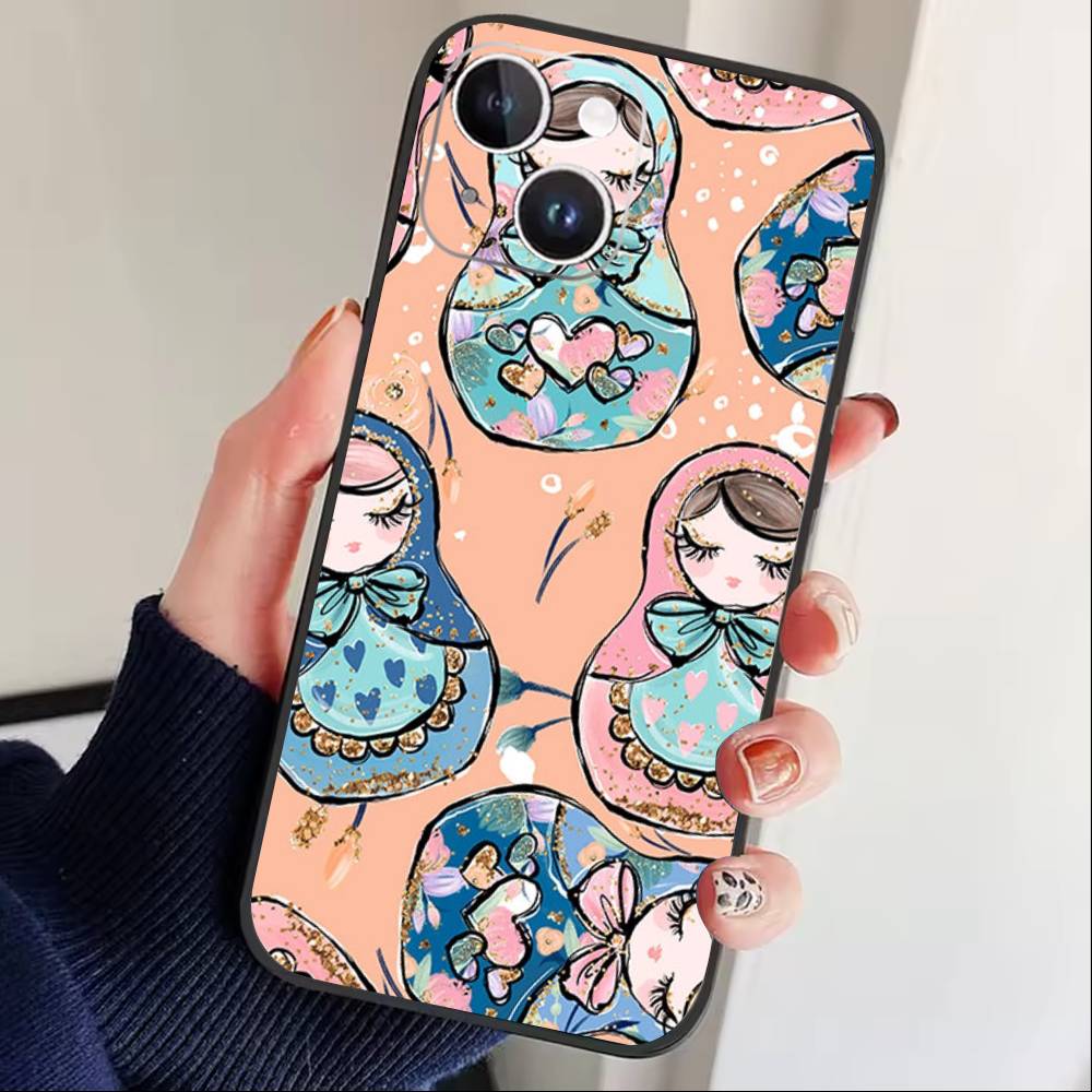 D-Russian Dolls Matryoshka Phone Case For iPhone 17 16 15 14 13 12 Max Plus Silicone Black Cover