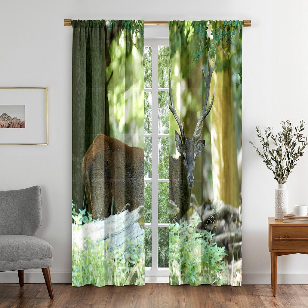 Natural Deer Animal Plant Vibrant Green Window Panel Drapes in Children Bedroom Living Room Hall Treatments Kitchen Decor Drapes Blinds