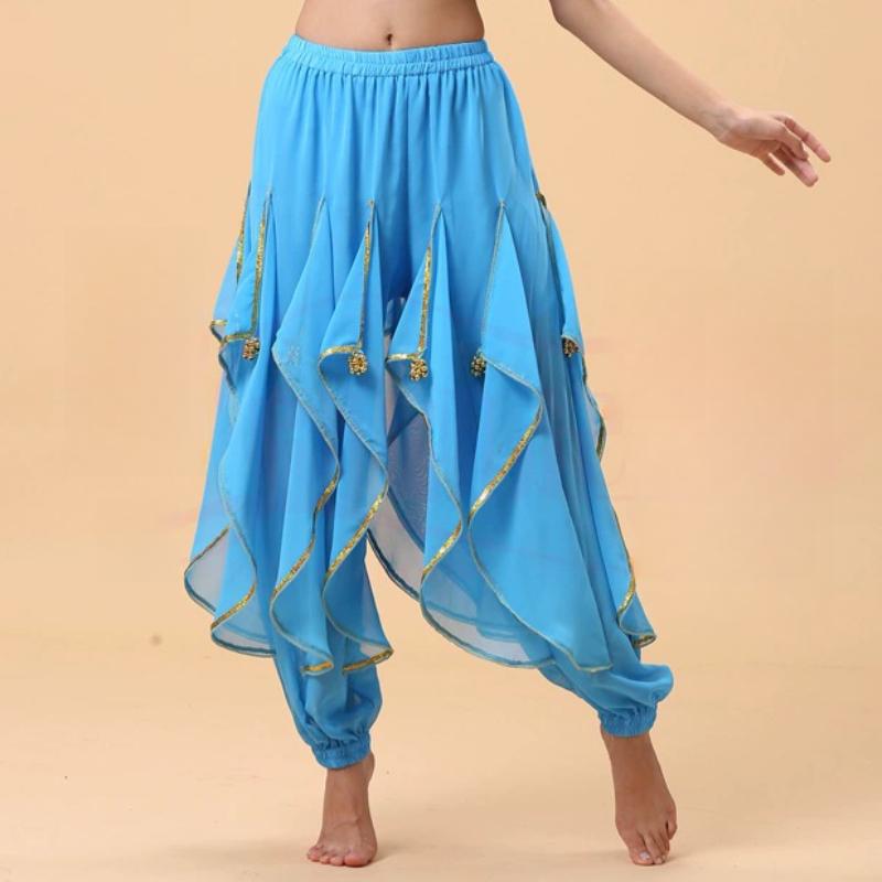 

Костюмы для взрослых для выступлений в индийском стиле, костюмы для практики танца живота, униформа для тренировок, шифоновые брюки для спиннинга с золотой каймой One Size бирюзовый