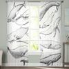 Whale Animal Illustration Tulle Curtains For Living Room Decoration Modern Chiffon Sheer Voile Kitchen Curtain