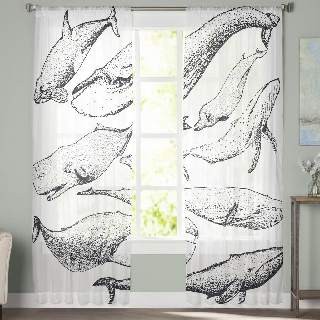 Whale Animal Illustration Tulle Curtains For Living Room Decoration Modern Chiffon Sheer Voile Kitchen Curtain