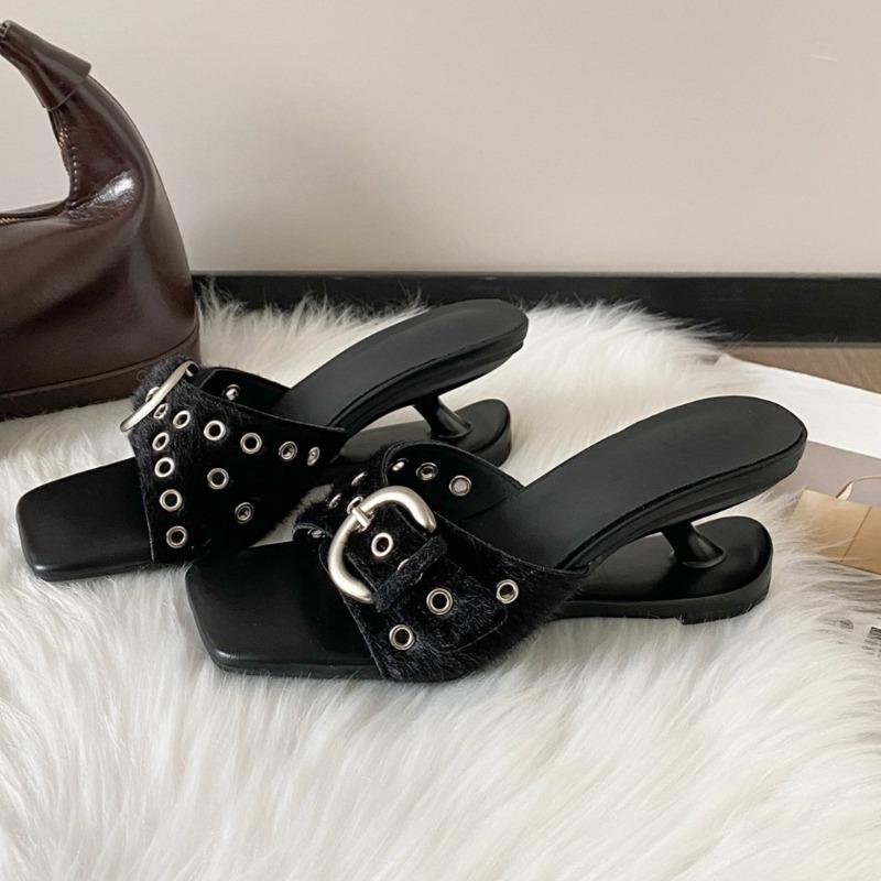 Studded Metal Buckle Special Heel Slippers Summer New Square Toe Open Toe Non-slip High Heels