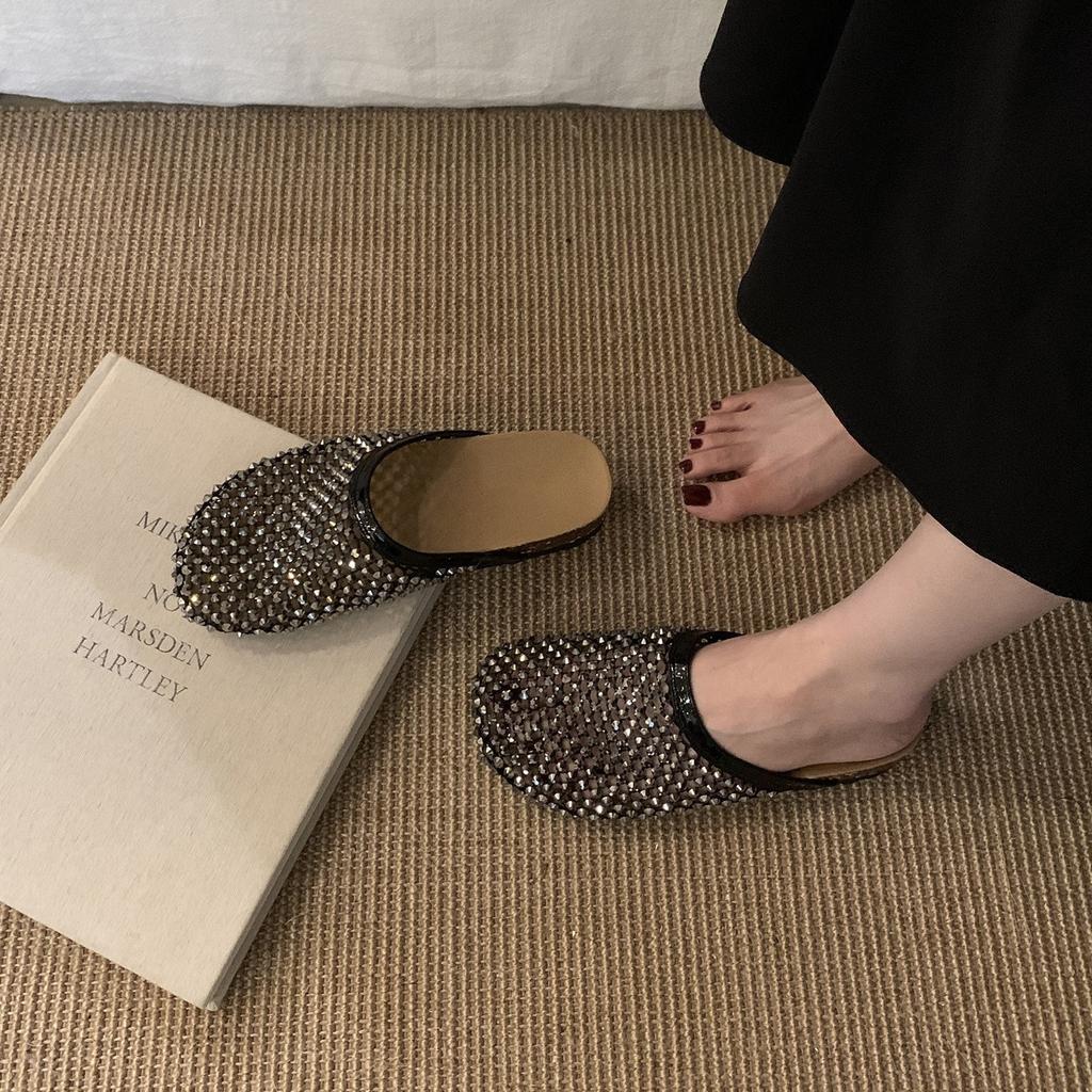 Thick-bottomed Mesh Rhinestone Bag Head Half Slippers Women's 2025 Summer New Outer Wear Lazy One Pedal Beach Cool Slippers