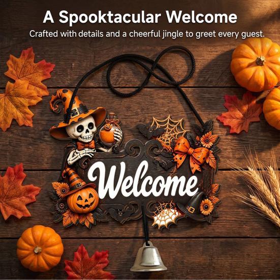 Durable Door Sign for Porch Halloween Pumpkin Ghost Wooden Welcome Hanger Sign, Cute Wall Ornament with Bell Front Hanging Rope, Decor Indoor Outdoor