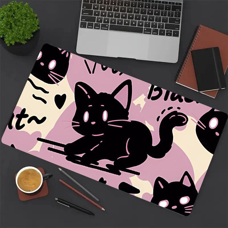 Kawaii Schwarze Katze Muster XXL Gaming-Mauspad, Computerzubehör, Tastatur und Laptop Rutschfeste Gummi-Schreibtischmatte für PC Laptop