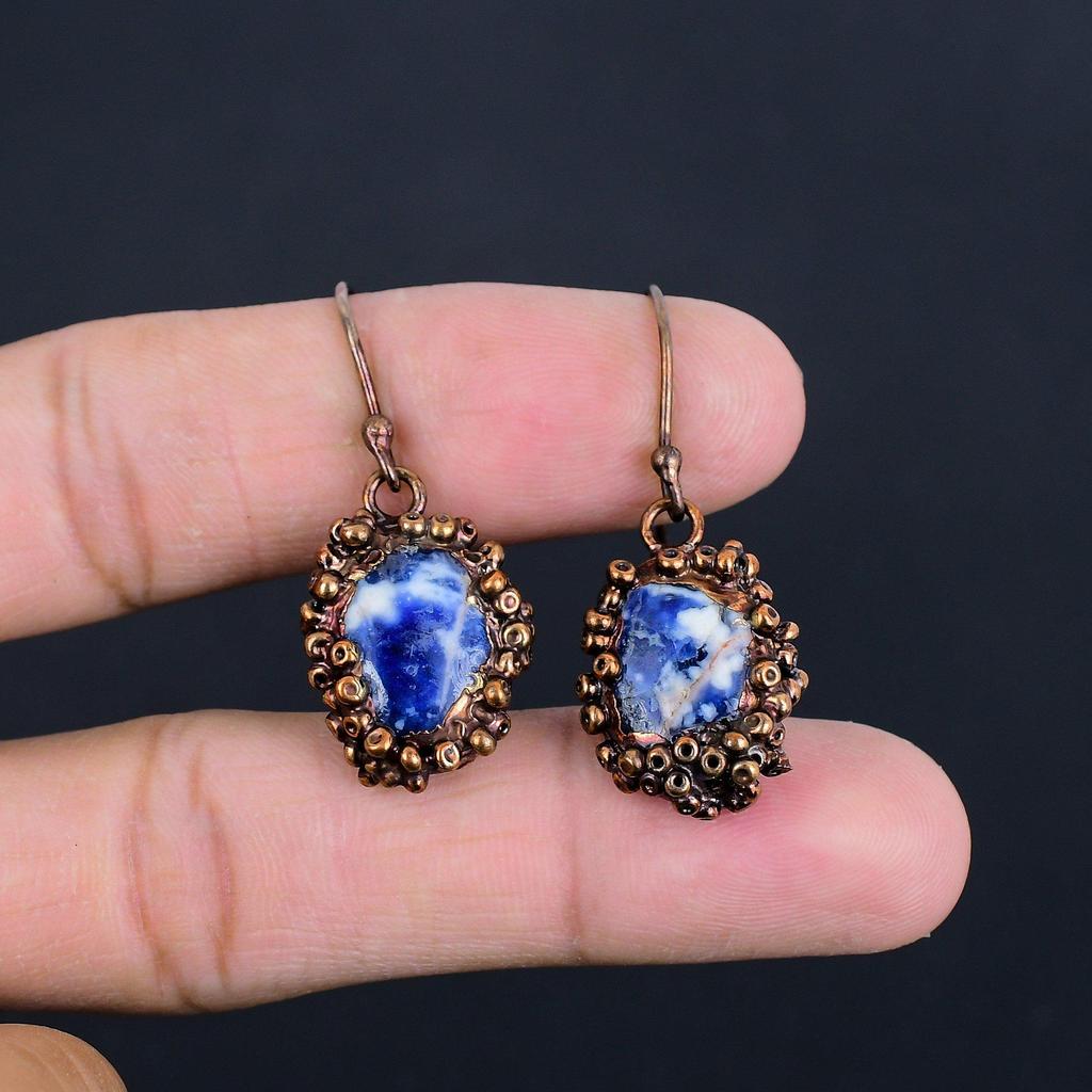 Sodalite Handmade Gemstone Earrings, Copper Electroformed Earrings Antique Jewelry, Earrings For Engagement Gift
