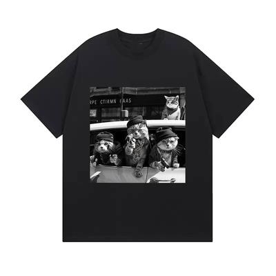 Funny Cat Gang Retro Pattern T-shirt for Men, Hip-hop Humor Clothing, Unisex Gothic Summer Print 100% Pure Cotton T-shirt