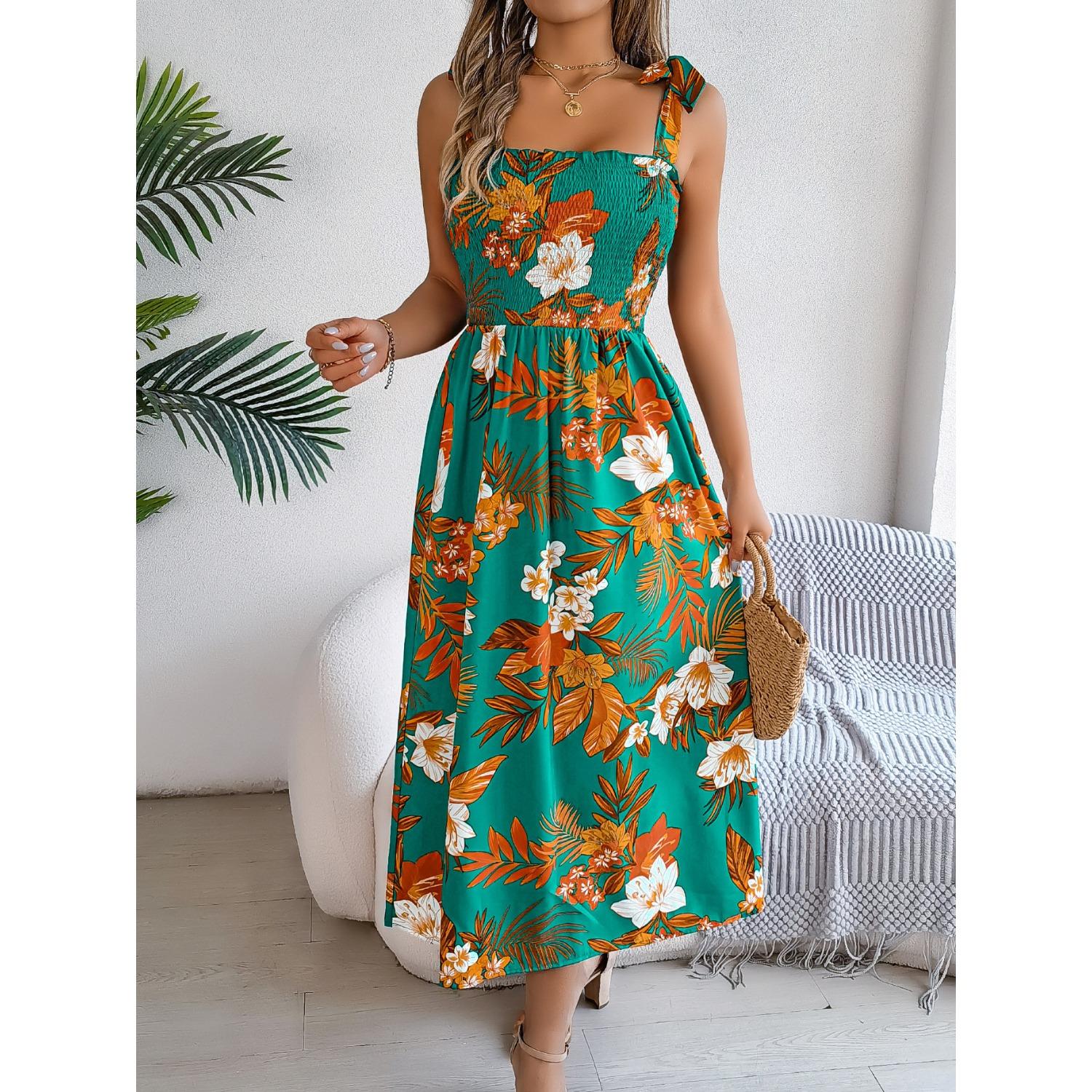 

2025 Новый тренд утягивающего платья с талией, свободное удобное платье, женская мода, элегантное платье, весна-лето, принт XXL зелёный