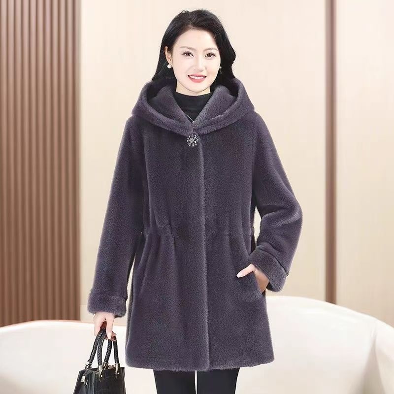 

Куртка из искусственного норкового бархата для женской осенне-зимней одежды, длинное меховое пальто средней длины с капюшоном M fits 90-55kg