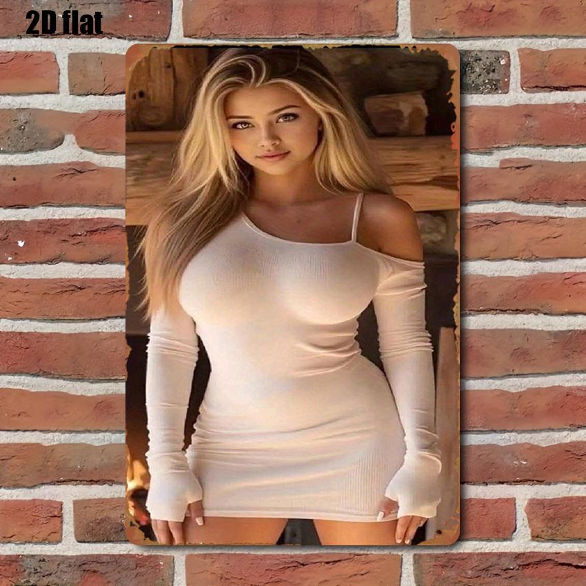 Mfoever Tin Sign Gorgeous Busty Blonde Model In White Off Shoulder Ribbed Bodycon Mini Dress Posing Vintage Metal Tin Sign Retro Iron Painting W