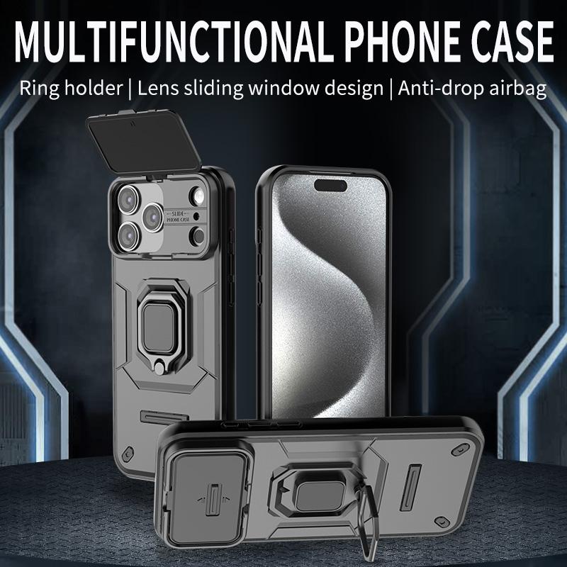 Slide Camera Lens Magnetic Bracket Case for iPhone 18 17 16 15 13 Pro Max 14 Plus Heavy Duty Shockproof Ring Stand Cover X0040
