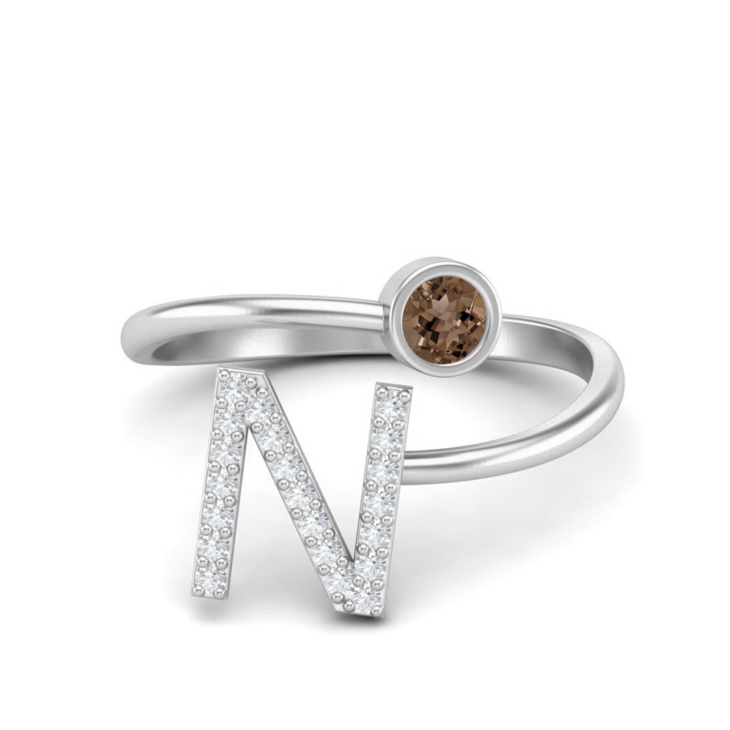 Capital N Initial Letter 3MM Round Smoky Quartz 925 Sterling Silver Women Adjustable Wedding Ring 5