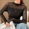 Weuiean High Neck Pullover Long Sheer Tulle Size Women's See-Through Top, Sleeve, Stretch, SCWS-55 (Black, M)