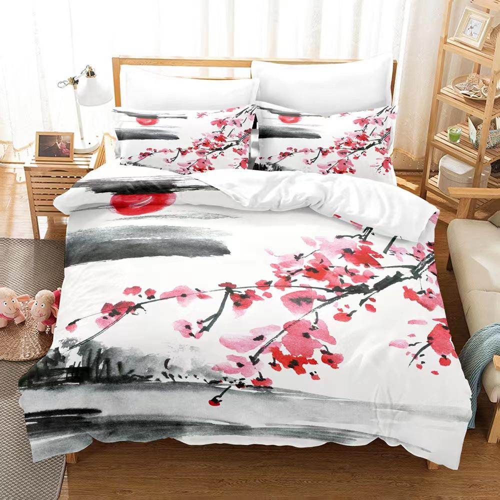 Jarní květinová série Vzor květu švestky Povlak na přikrývku Ložní prádlo 3D digitální tisk Povlak na peřinu Povlak na polštář Ložnice (Třídílná sada) Soubor