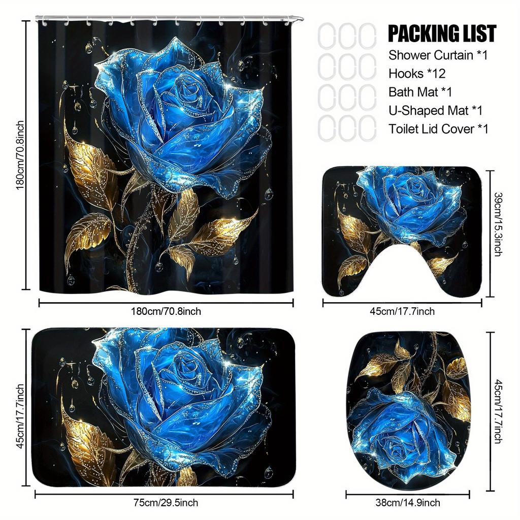 4Pcs Shower Curtain Set with Non-Slip Bath Mat, Toilet Lid Cover, Contour Rug & 12 Hooks, Bathroom Decor