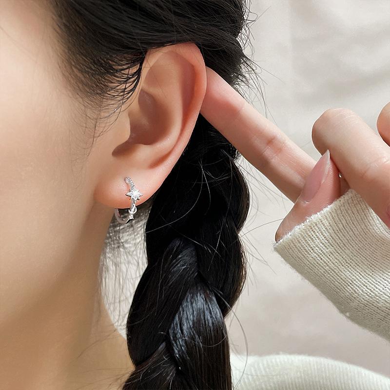 Rice Character Star Moon Earrings C Shape Light Luxury Temperament Shining Diamond Octagram Star Stud Earrings Female Tide