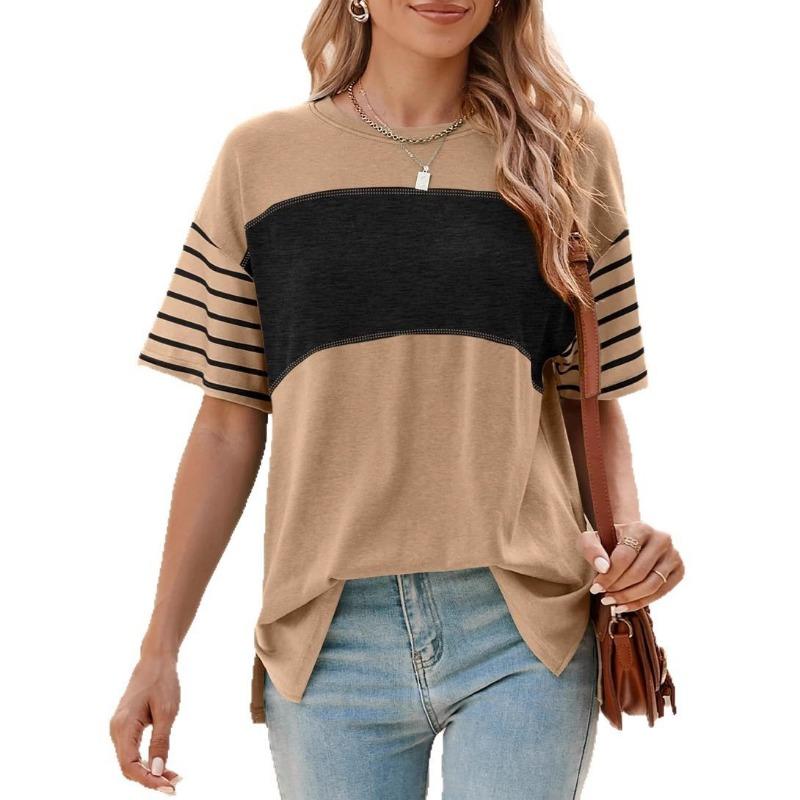 

New Spring and Summer Women s Wear Pullovers Round-neck Casual Striped Color-blocking Short-sleeved T-shirt XXL чёрный/хаки