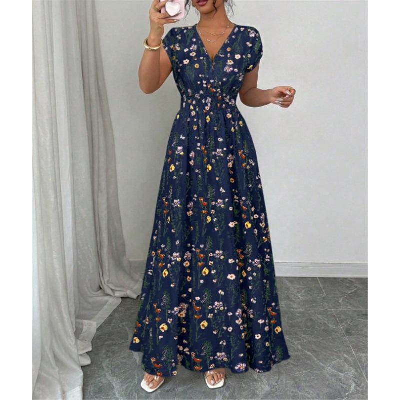 Women's Casual Floral Short-Sleeve Tie-Front V-Neck Fitted Dress for Summer