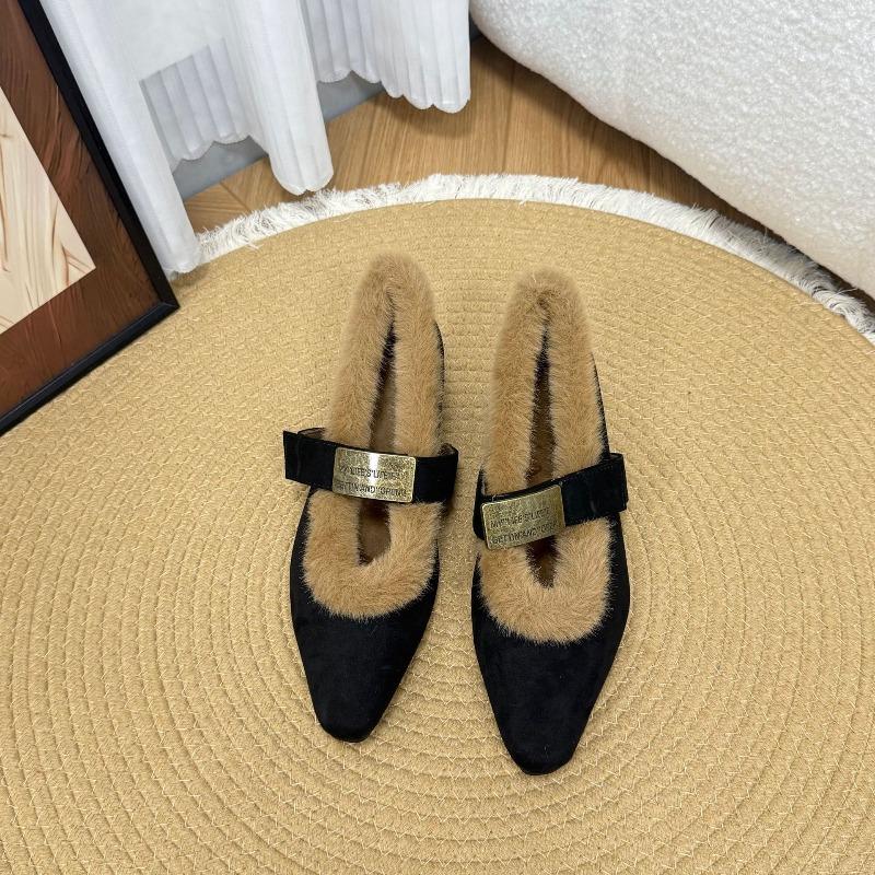 Cowhide version~ Leather inner height increase, small Mary Jane fluffy shoes, women's commuting thick heel velvet single shoes