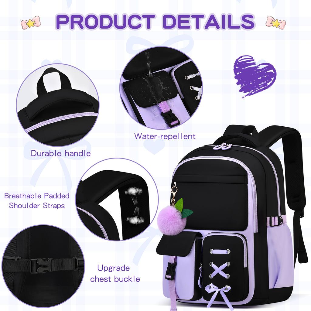 Purple Three-Piece Schoolbag For Female Junior High School Students, Large-Capacity Backpack, Lightweight Burden-Reducing Student Backpack