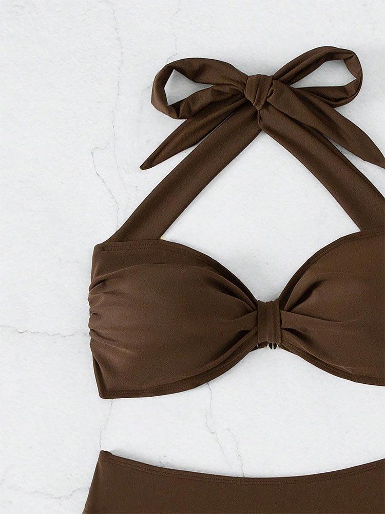 2025 Women's Solid Color Tie-up Bikini Split Swimsuit - European & American Style