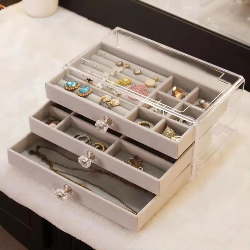 Multifunctional Velvet Jewelry Storage Box with Dustproof Drawer for Earrings Necklace Rings Bracelets