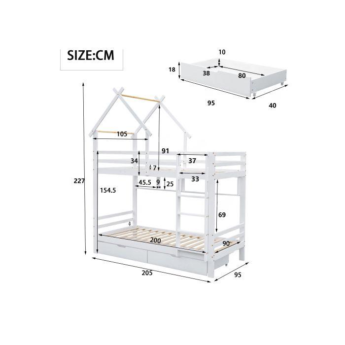 Etagenbett - MUVOE - 90x200cm - Weiß - Mit Schubladen und Regalen - Kindersicher