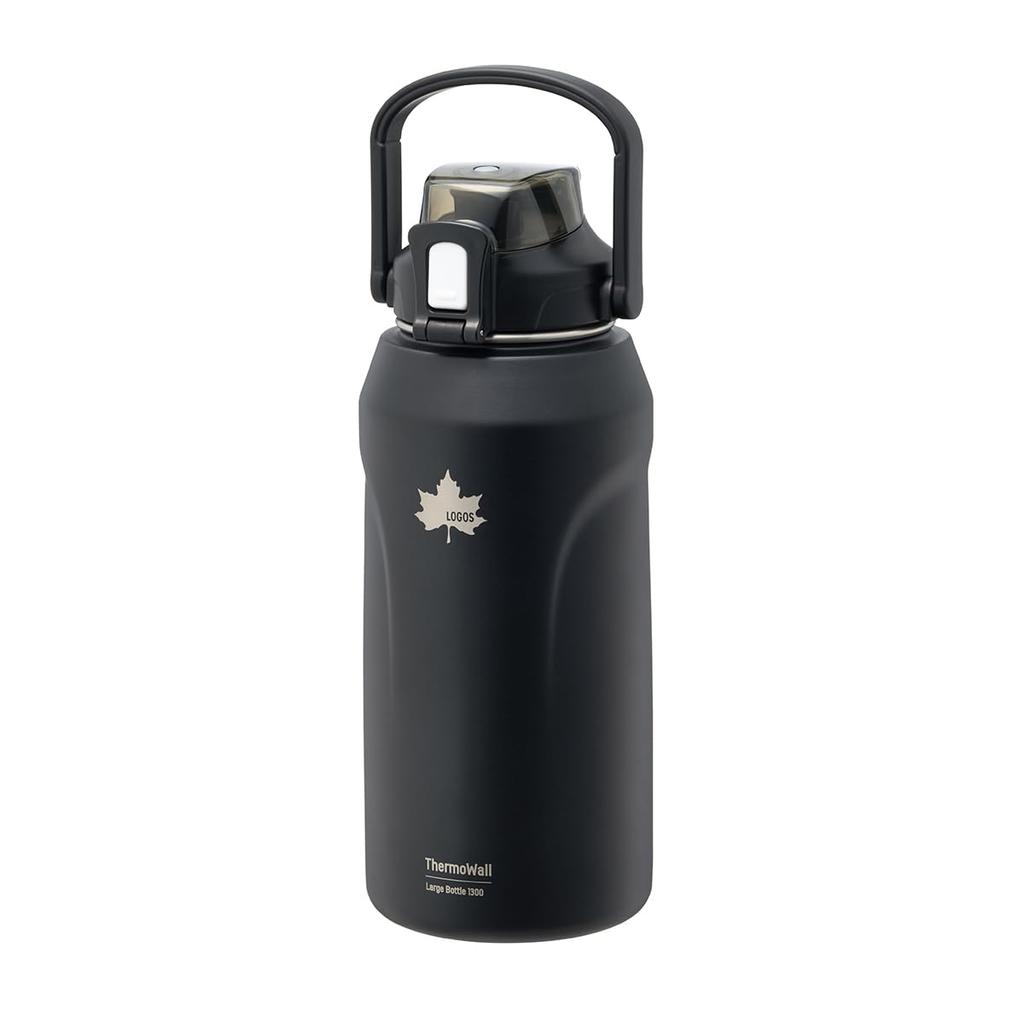 LOGOS ThermoWall Vacuum Insulated Large Ice Drink Bottle 1300ml Black 81286271 Keeps Drinks Cold Ideal for and Direct - Geki-no (Type 627) -