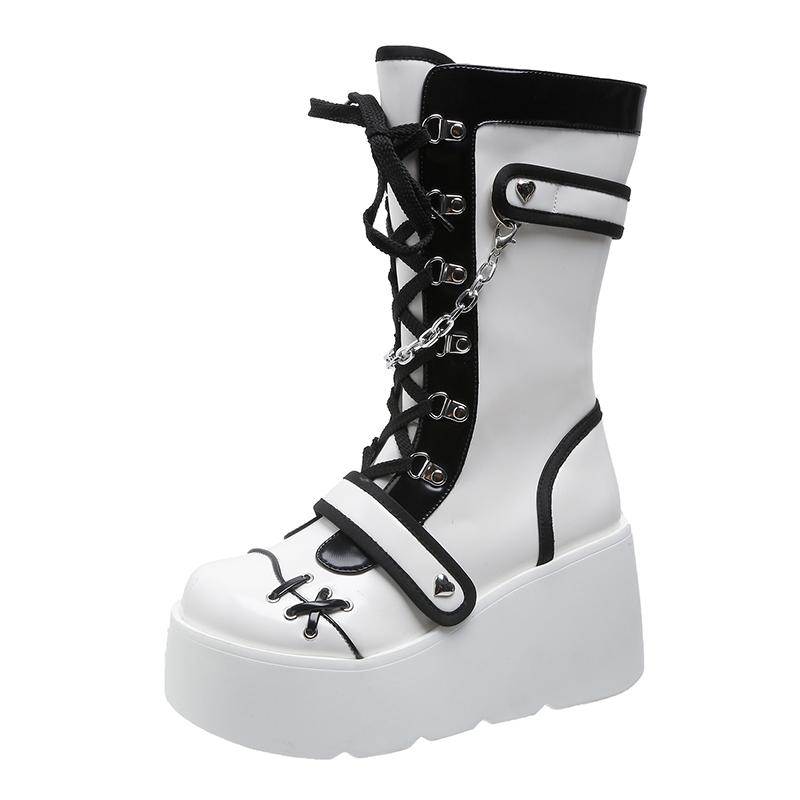 Women's Single Boots New Winter Round Front Lace-up Side Zipper Rivet Thick Soled Non-slip Mid-calf Boots