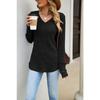 Solid Color V Neck Lace Patchwork Loose Long Sleeve Brushed T Shirt