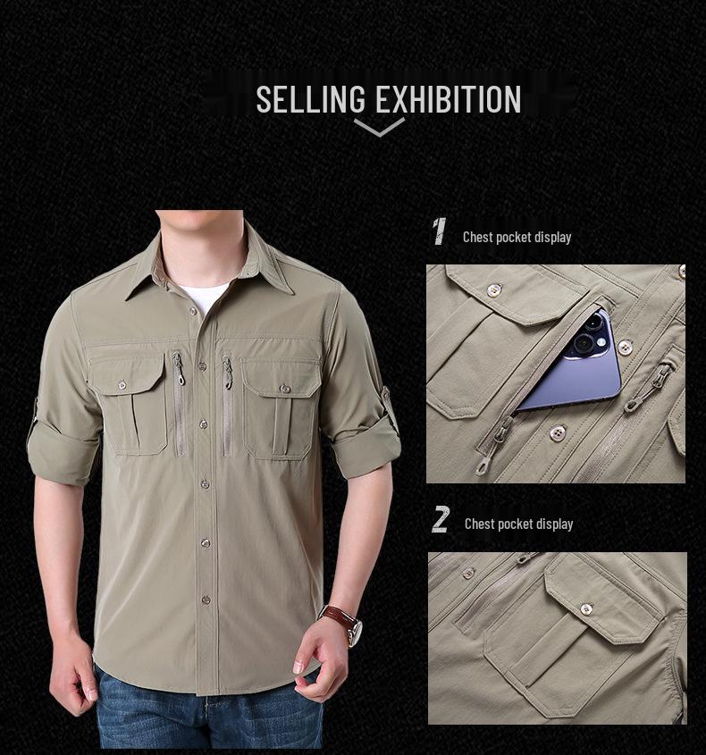 Men's Quick-Dry Military Tactical Outdoor Shirt, Long-Sleeve, Elastic, Breathable, Multi-Pocket Workwear for Spring & Autumn