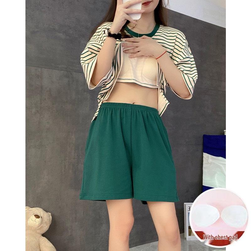 2023 Women's Summer Striped Short Sleeve Set with Chest Pad (Shorts and Long Pants)