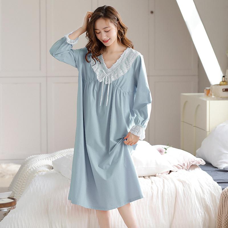 Pyjama Damen Frühling und Herbst Baumwolle Lange Ärmel Lang Schwangere Damen Süß Lockeres Kleid Pyjama Rock