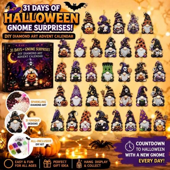 Kit Artigianale di Halloween Calendario dell'Avvento Pittura con Strass Gnomo 31 Giorni, Kit Artigianato Fai-da-te per Bomboniere Festa, Ornamenti Artistici Fatti a Mano con Strumenti per Perline