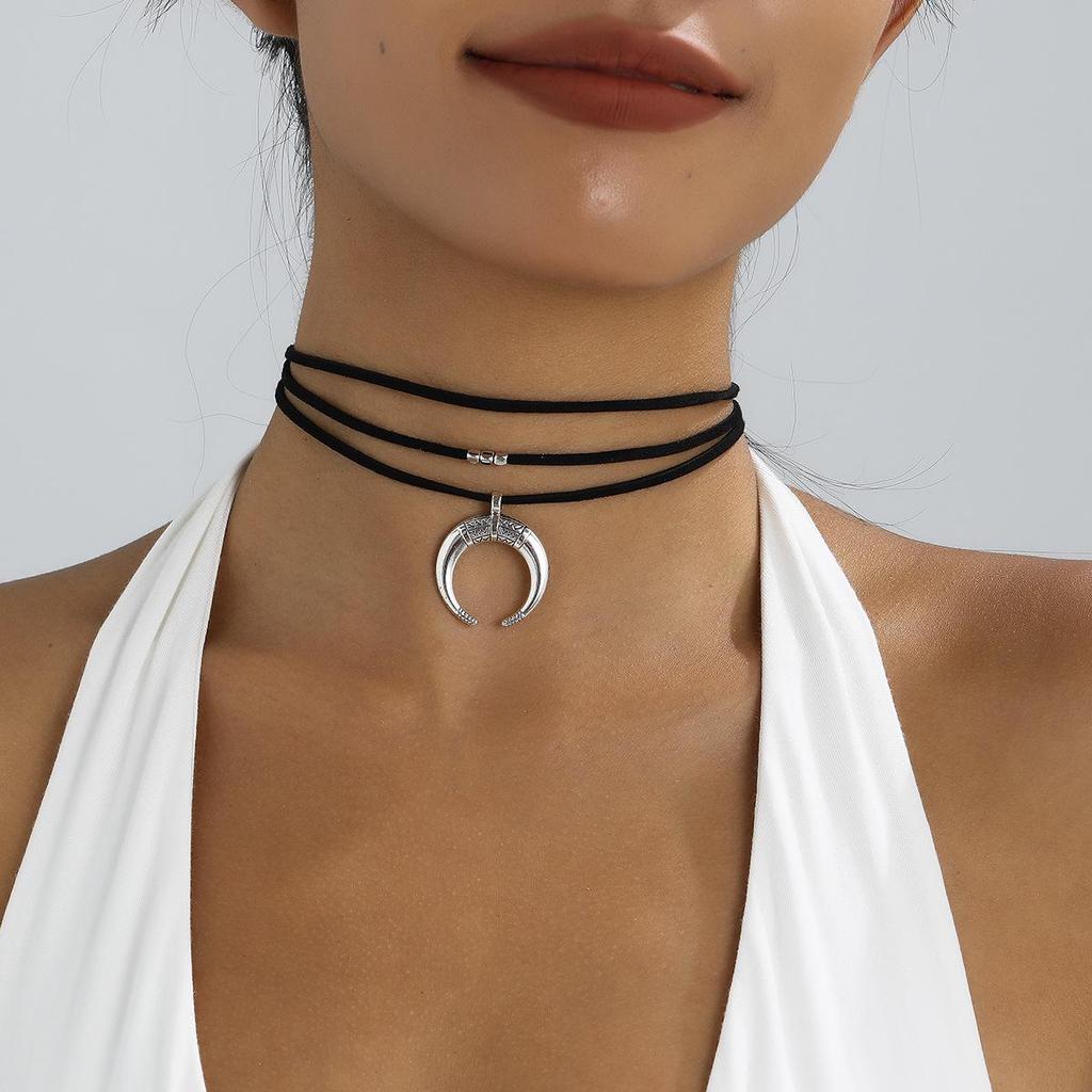 Vintage Crescent Moon Multi-layer Suede Choker Necklace