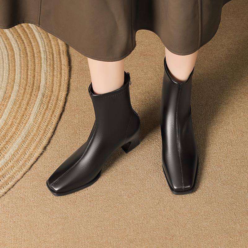 2024 Dame Hvite Martin Ankelstøvletter: Kraftig hæl, Britisk stil, Slankende, Fleecefôret for vår og høst