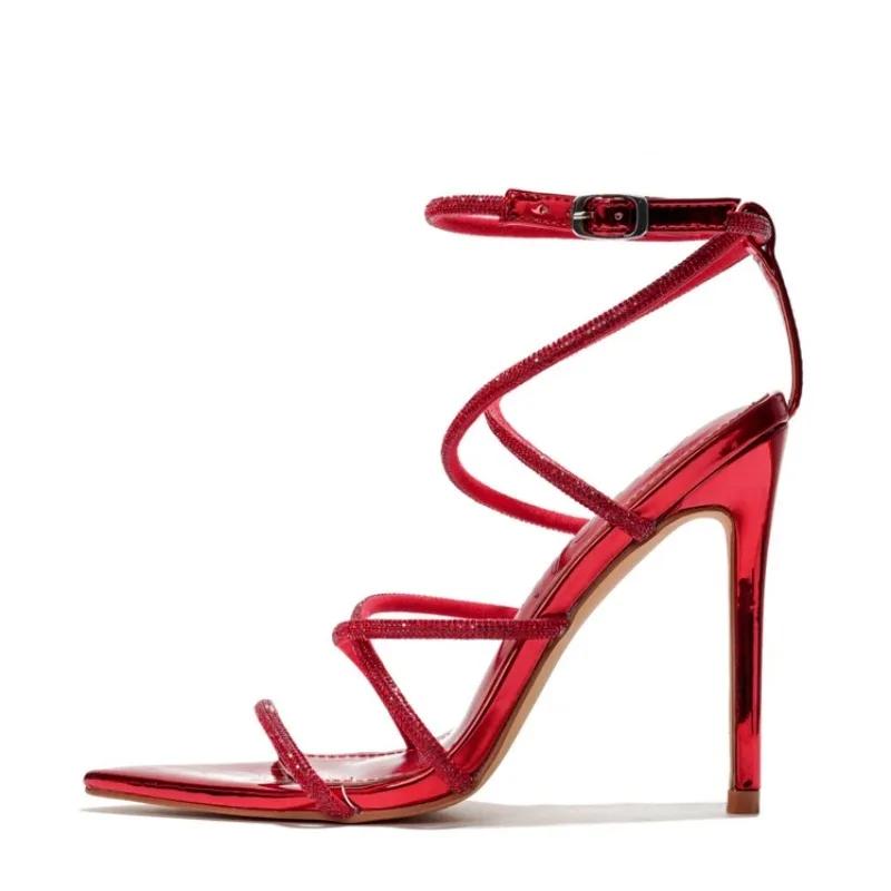 Fashion Solid Color Rhinestone Chain Cross Tie Toe Exposed Toes Sandals European American Hollow Sexy Pointed Party Sandals Size 35-44