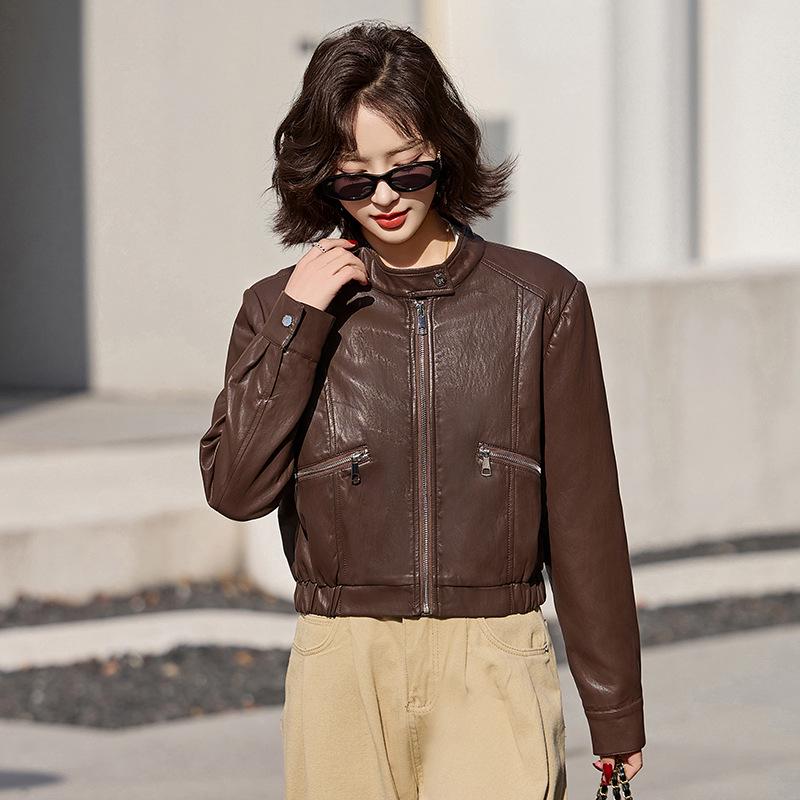 

Spring 2025 Women s Short Washed PU Leather Jacket - Stand-Up Collar, Zipper, Style ZH1179 XL (60-65 kg)